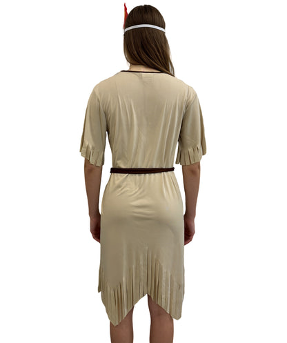 HPO Women's Native-Inspired Costume | Tan and Multicolor jersey construction featuring a fringed dress, belt, and feathered headband | Ideal for party, Halloween, cosplay, theater, drag, performance, costume events