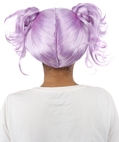HPO Adult Women’s Messy Twin Bun Wig with Graphic Bangs | Multiple Color Options | Edgy Wig for Cosplay, Fashion Events, Halloween & Stage Wear | Adjustable Cap, Lightweight Synthetic Fiber