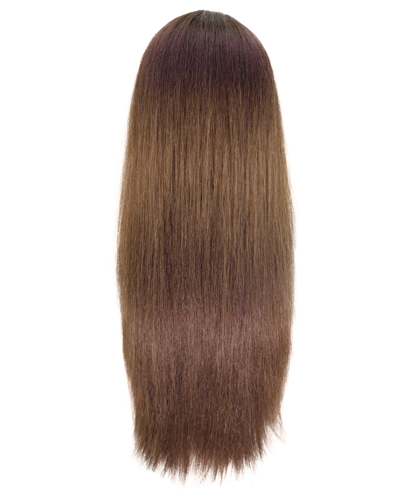 HPO Adult Women’s Elegant Long Brown Wig with Highlights and Curtain Bangs | Natural Straight Style | Ideal for Halloween | Breathable Capless Cap