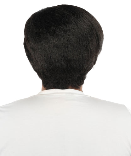 HPO Men's Short Black Side Swept Wig | Thick Layered Bangs with Natural Texture, Heat Resistant Synthetic Fiber & Adjustable Cap | Halloween, Themed Party, Stage Performance & Roleplay