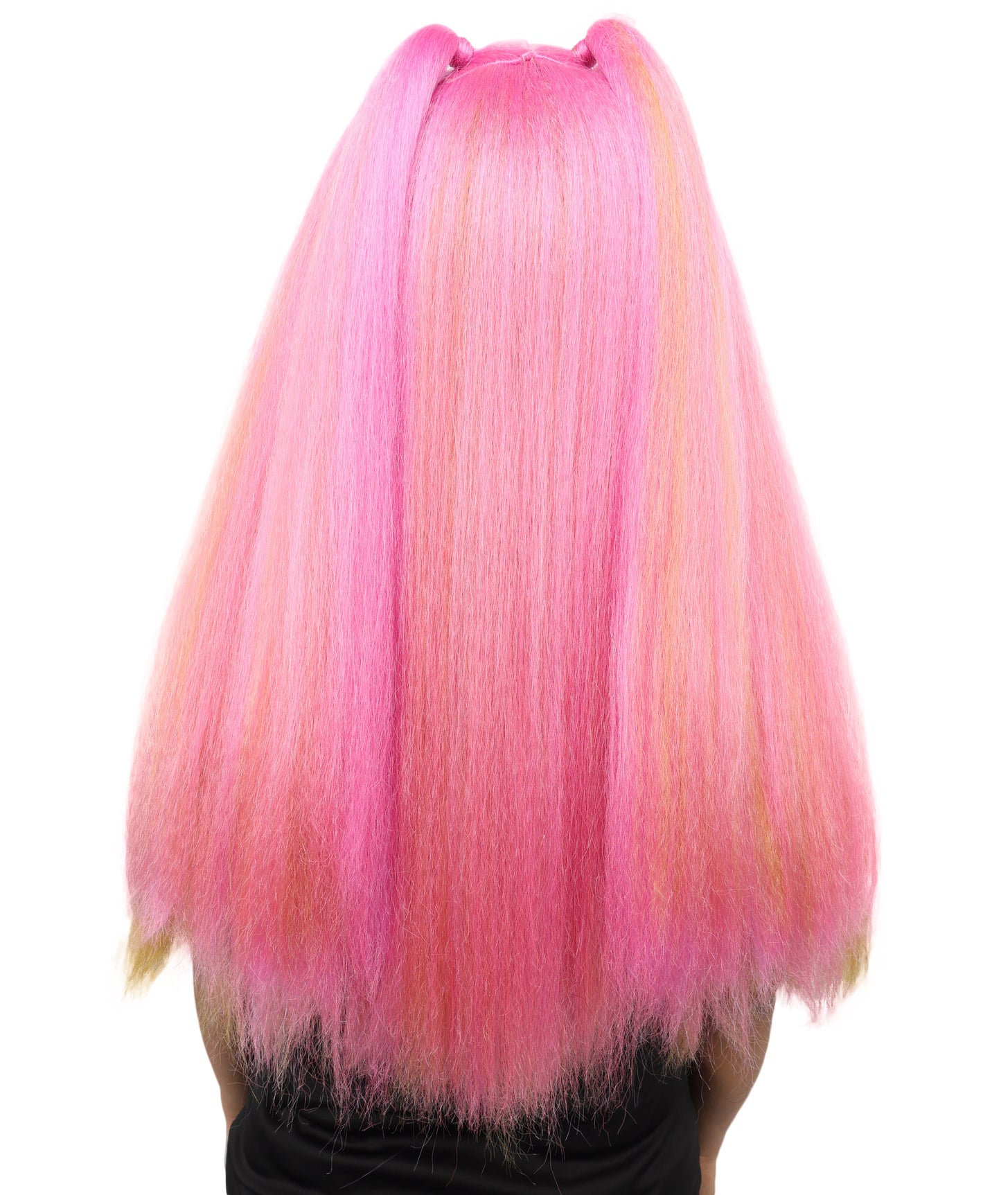 HPO Women's Pastel Candy Fantasy Wig | Pink and yellow gradient hues, create of synthetic fiber, long crimped texture with blunt bangs, breathable base | Party, Halloween, theater, drag, performance, costume events