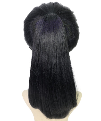 HPO Adult Women’s 16-Inch Synthetic Kinky Straight Ponytail Wig with Hat | Natural Black Fluffy Hair with Adjustable Straps | Ideal for Halloween | Breathable Capless Cap
