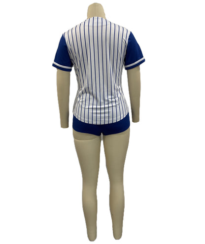 HPO Women’s Fun Baseball Costume | Blue & White Pinstripe Jersey & Shorts | Sporty Cosplay, Halloween, Party, Stage & Roleplay Outfit