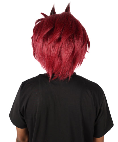 HPO Adult Men'S Short Layered Burgundy Cosplay Wig with Red Markings and Earrings | Anime-Inspired Hair with Cap and Bonus Sticker