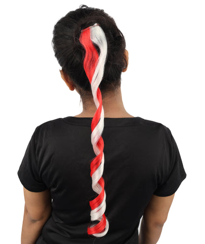 HPO Women's International Curly Hair Extension | Coiled red and white synthetic fibers featuring a twisted attachment design | Ideal for party, Halloween, cosplay, theater, drag, performance, costume events