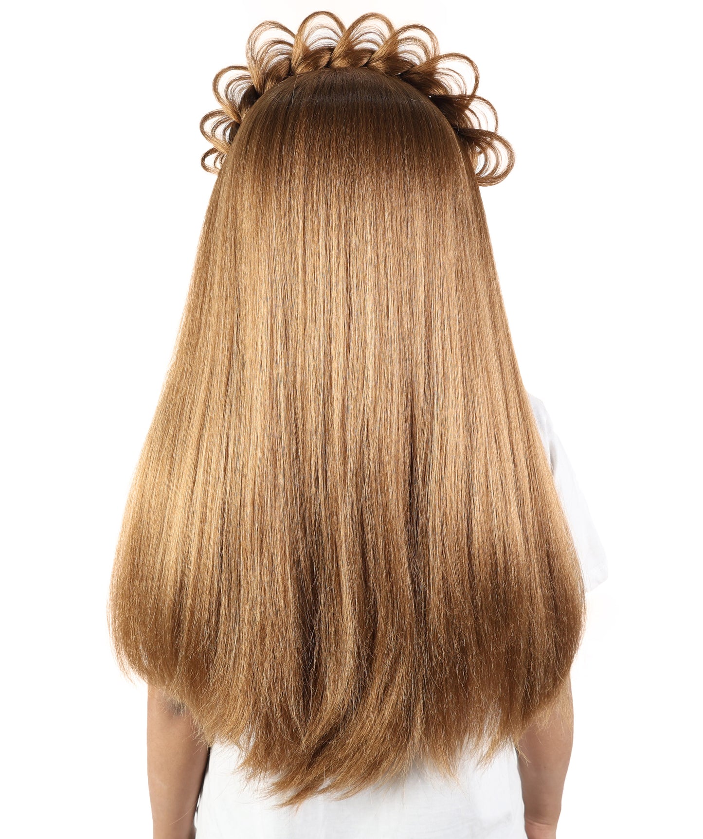 HPO Women’s Extra Long Brown Wig with Loop Crown Headpiece | 27 Inch Straight Synthetic Hair with Decorative Loops for Halloween and Cosplay | Capless Cap Design