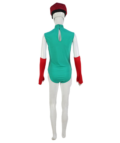 HPO Warrior Green & Red Bodysuit Costume with Helmet & Hand Gloves | Heroine Outfit with Arm Accessories | Designed for Halloween & Party