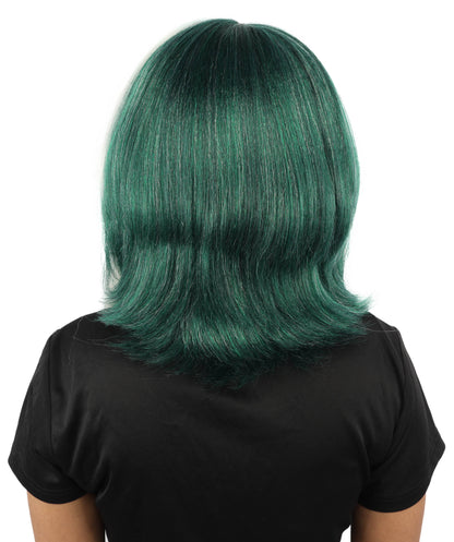 HPO Women's Geometric Character Wig | Deep emerald green with white accents, create of synthetic fiber, sleek straight bob with long framing strands, breathable base | Party, Halloween, theater, drag, performance, costume events