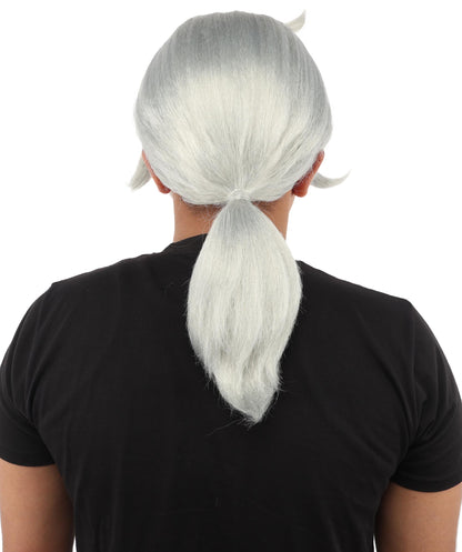HPO Men's Golden Blonde Curtain Bang Wig | Shoulder Length Wavy Surfer Style, Heat Resistant Synthetic Fiber & Breathable Net | Halloween, Funny Roleplay, Theater, 90s Party & Costume Events