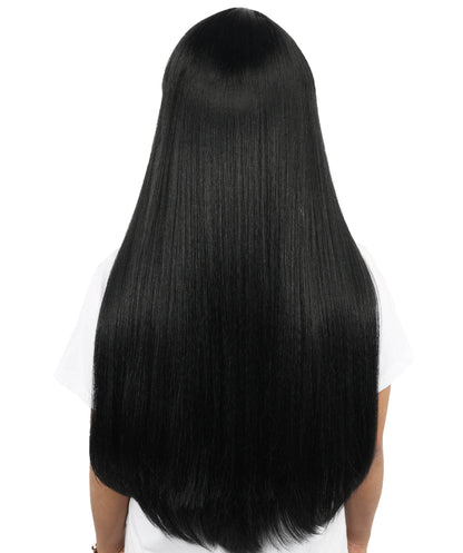 HPO Women's Sleek Straight Wig | 27 Inch Black Texture Face Framing Bangs Heat Friendly Fiber | Party Halloween Cosplay Theater Drag Performance Costume Events