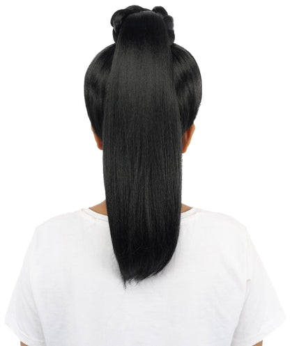 HPO Women's Warrior Bun Wig | Sleek Black Texture Intricate Top Knot 16 Inch Length | Party Halloween Cosplay Theater Drag Performance Costume Events