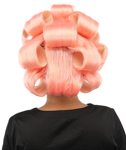 HPO Women's Retro Roller Set Pink Wig | Pastel peach tone, create of synthetic fiber, large cylindrical curler texture, capless cap | Party, Halloween, theater, drag, performance, costume events