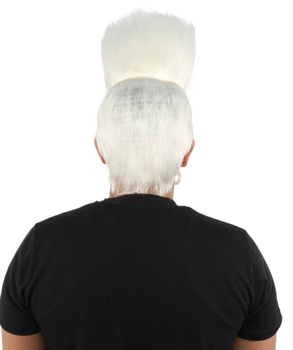 HPO Adult Men's Tall Flat Top Wig and Mustache | Vertical Dark Pompadour with Long Handlebar Facial Hair, Synthetic Fiber & Breathable Net | Halloween, Carnival, Stage Performance & Roleplay