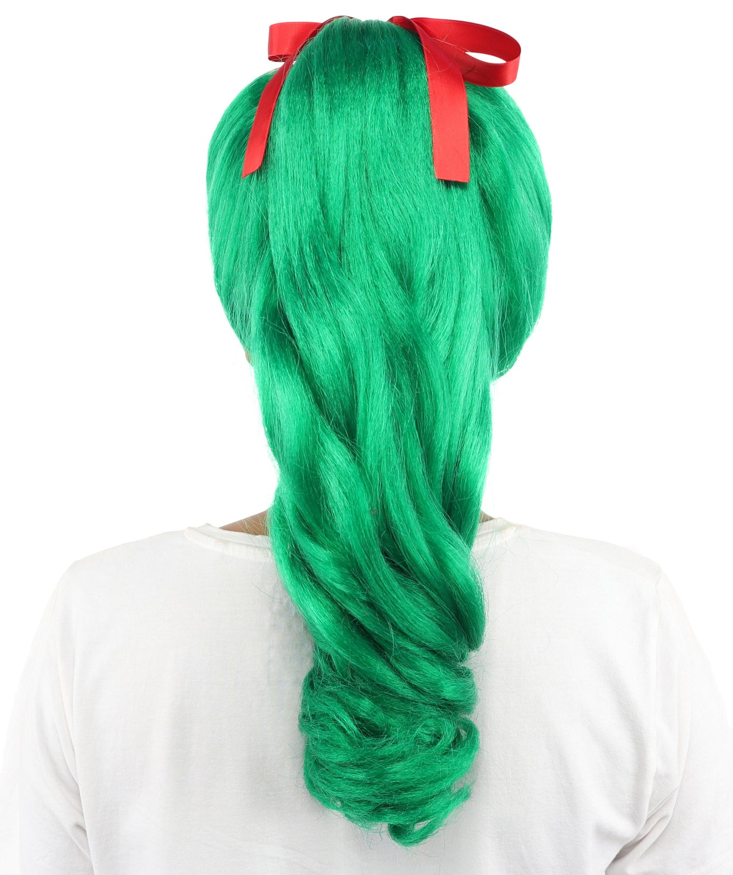 HPO Women's Spiral Ponytail Wig | Multicolor Options | High Updo with Red Ribbon Bow & Bangs, Heat Friendly Synthetic Fiber & Breathable Cap | Halloween, Christmas Event, Themed Party, Theater & Roleplay