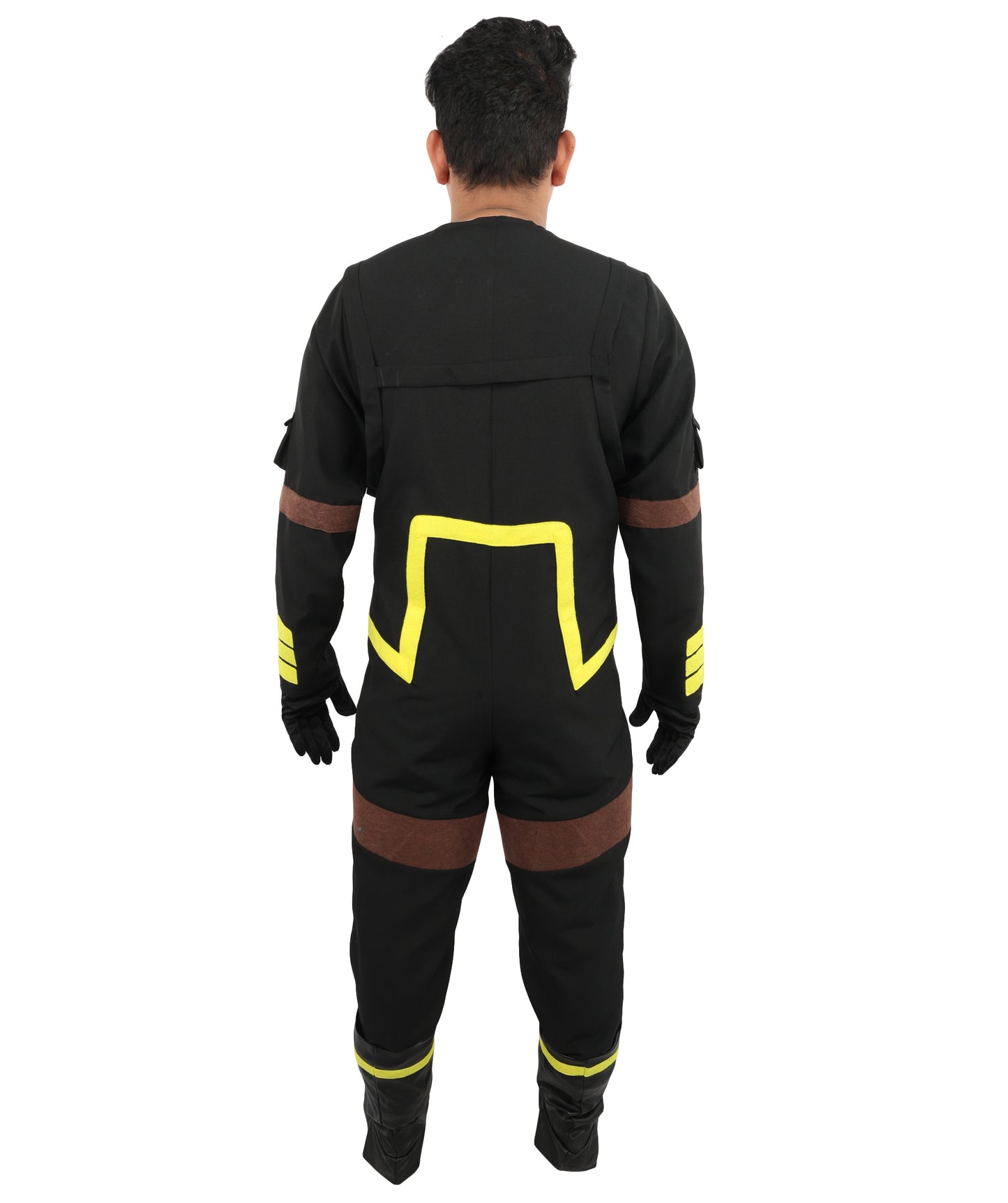 HPO Men's Deep Space Explorer Black Jumpsuit | Reflective PVC and Jersey Construction with Matching Hand Gloves and Leg Socks | Ideal for Cosplay, Halloween, Drag, and Galactic Theater Performances