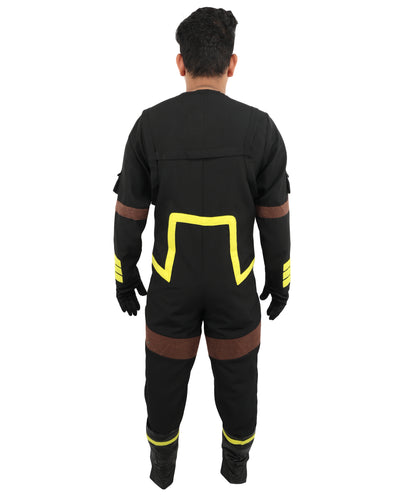 HPO Men's Deep Space Explorer Black Jumpsuit | Reflective PVC and Jersey Construction with Matching Hand Gloves and Leg Socks | Ideal for Cosplay, Halloween, Drag, and Galactic Theater Performances
