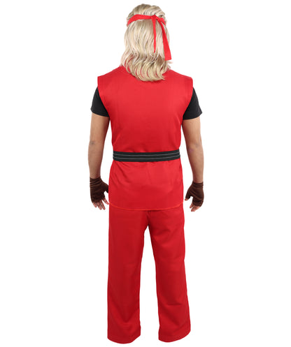 HPO Men Martial Arts Fighter Outfit | Red Gi Costume with Belt, Headband & Gloves, Body | Video Game Fighter costume For Cosplay & Themed Battle Events