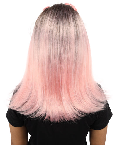 HPO Women's Brown & Pink Half Updo Bangs Wig | Create of synthetic fiber, blunt fringe with top bow, breathable base | Party, Halloween, theater, drag, performance, costume events