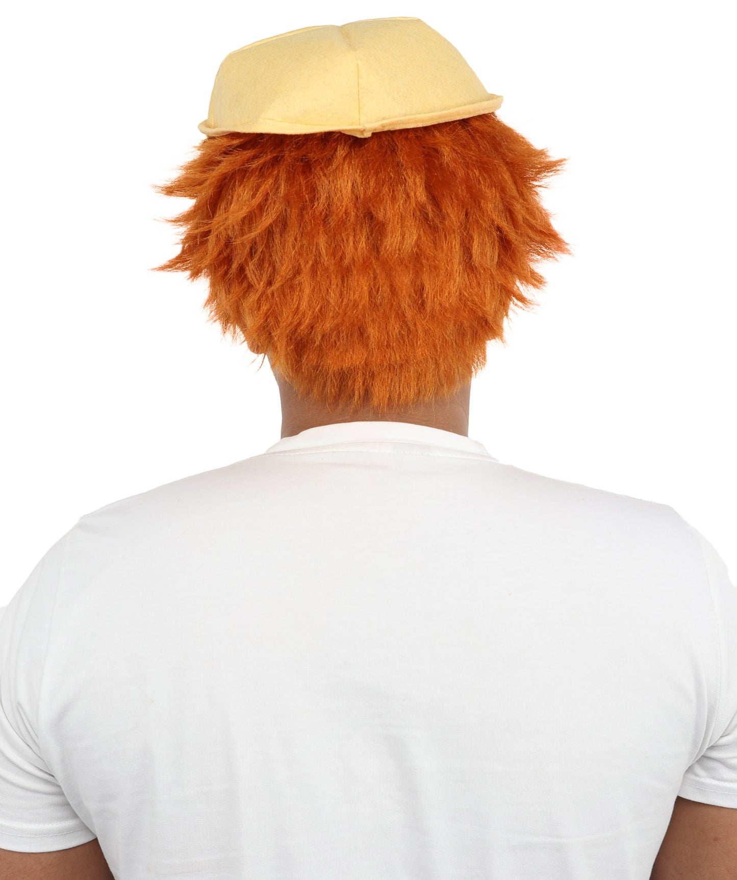 HPO Men's 10 Inch Auburn Wig with Yellow Hat | Short Tousled Style Lightweight Capless Cap | Ideal for Cosplay, Theater & Dress-Up Events
