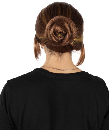 HPO Women’s Gaming Character Brown Low Bun Wig with Side Part | Synthetic Hairpiece | Ideal for Cosplay, Halloween, and Themed Events