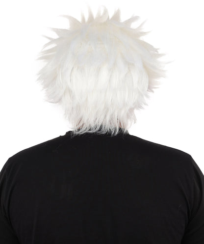 HPO Men’s 11-Inch White Spiky Wig with Beard Set |  Ideal for Cosplay, and Themed Events | Bold Style for Fun and Creative Looks