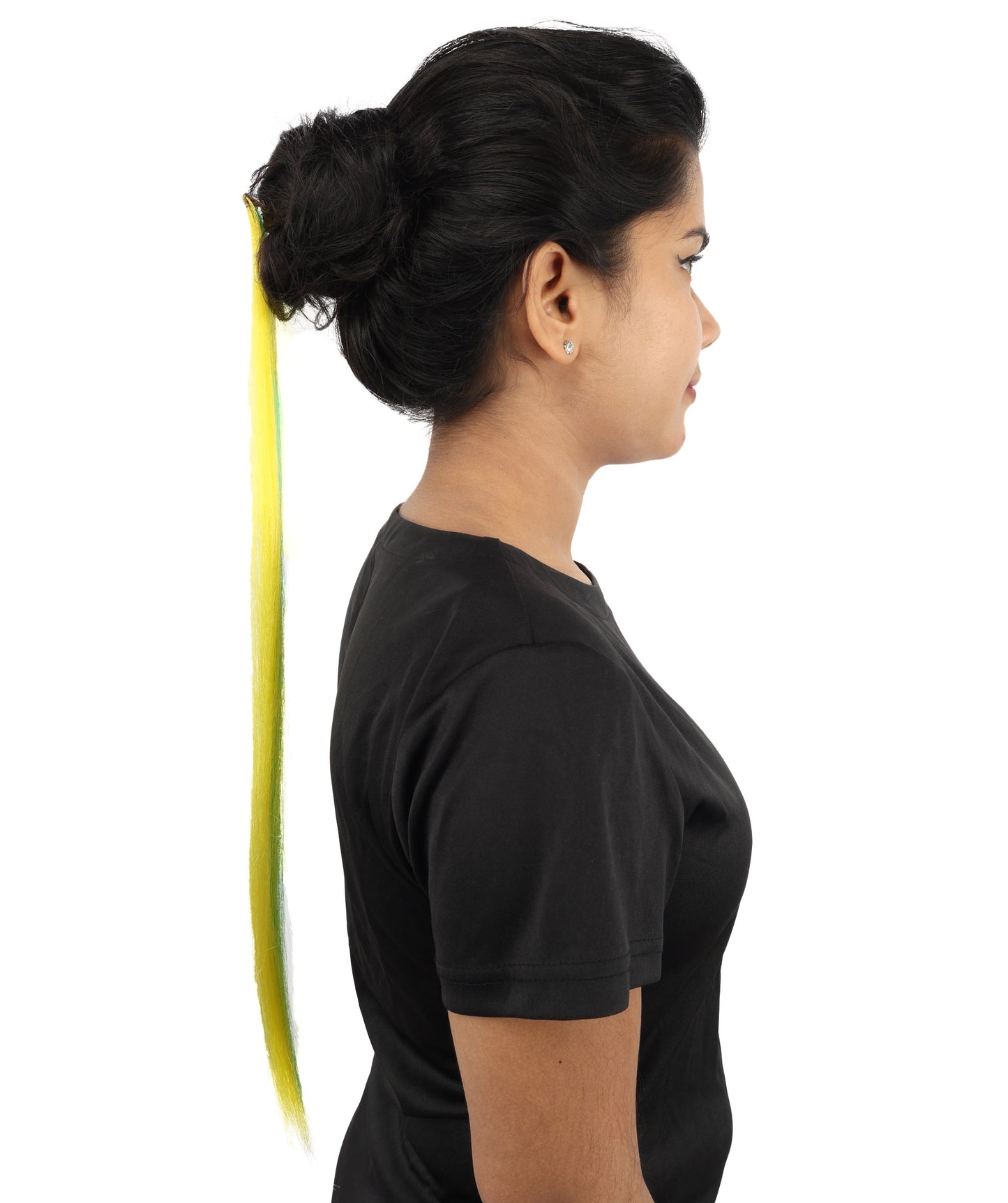 HPO Women's Brazilian Clip-in Hair Extension | Sleek straight green and yellow synthetic fibers featuring a secure snap attachment | Ideal for party, Halloween, cosplay, theater, drag, performance, costume events