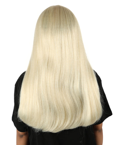 HPO Women’s Long Straight Black Wig with Bangs | Flame-retardant Synthetic Fiber | Classic Retro-Inspired Costume Hairpiece