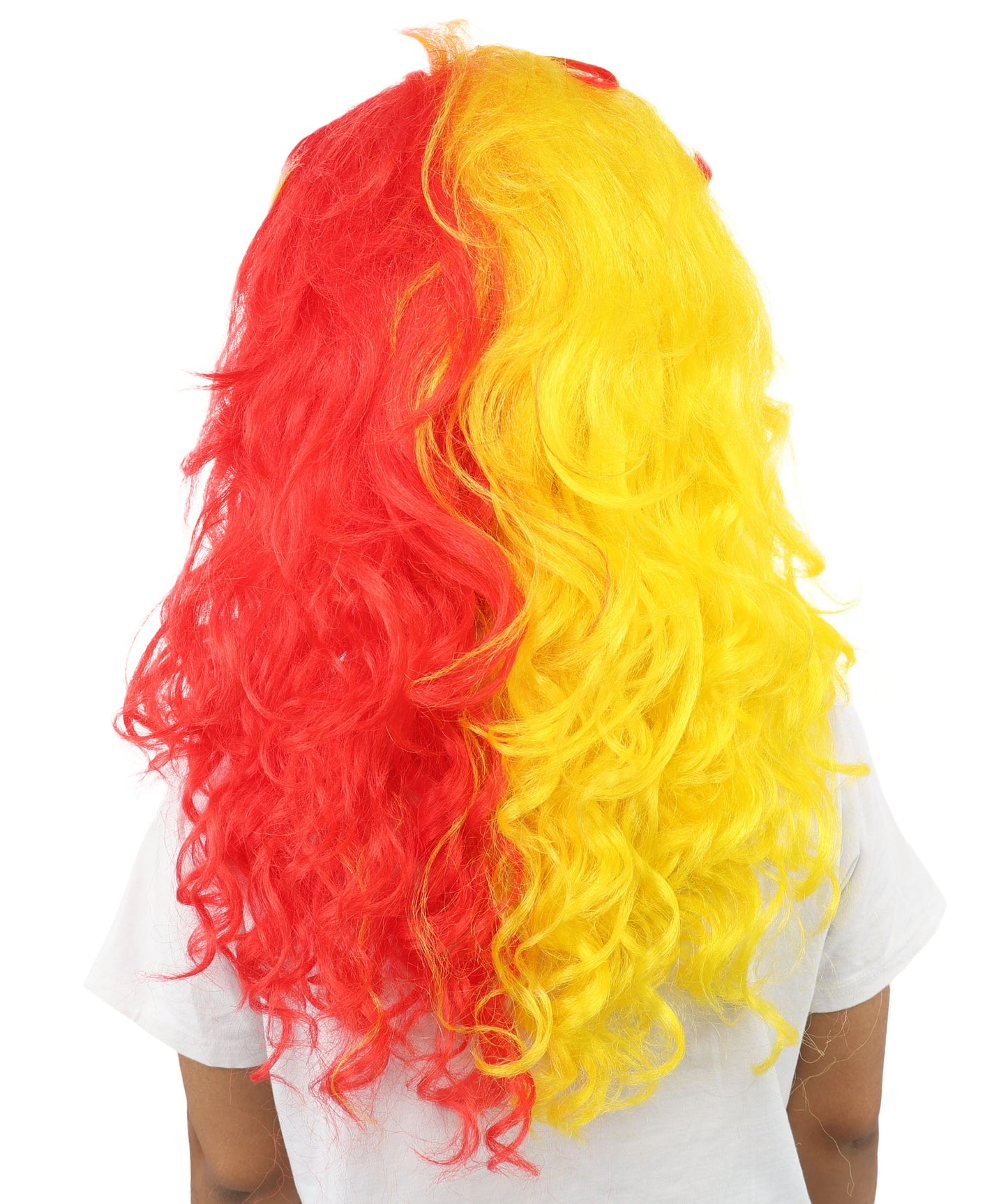 HPO Women's Split Style Glamour Red & Yellow Wig | Long curly synthetic fibers with big teased volume blunt bangs and capless base | Essential for theatrical stage drag performance costume events and party