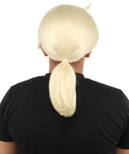 HPO Men's Golden Blonde Curtain Bang Wig | Shoulder Length Wavy Surfer Style, Heat Resistant Synthetic Fiber & Breathable Net | Halloween, Funny Roleplay, Theater, 90s Party & Costume Events