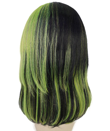 HPO Adult Short Lolita Straight Wig with Bangs for Women | Green & Black Highlighted Synthetic Wig | Breathable Cap for Daily Wear & Halloween Looks