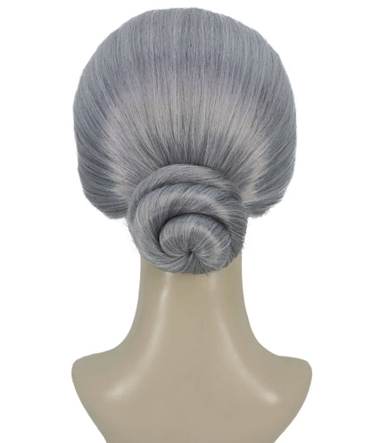 HPO Adult Female EG Old Woman Grey Straight Bun Wig, Synthetic Fiber Hair, Perfect for Halloween & Themed Parties, Breathable Capless Cap, Flame-retardant Synthetic Fiber