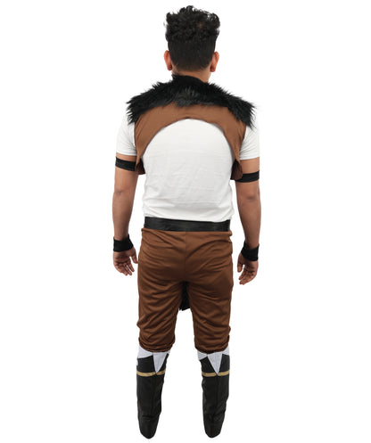 HPO Men's Anime Beast Fighter Suit | Brown and black fur ronior jersey construction featuring a curi, dress, belt, and leg socks | Ideal for party, Halloween, cosplay, theater, drag, performance, costume events