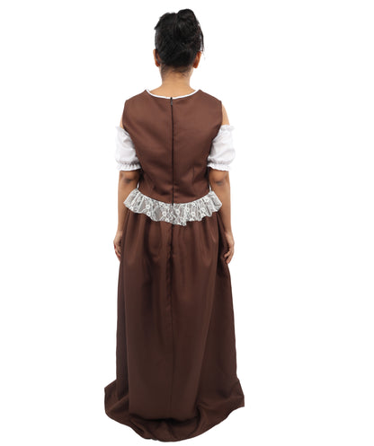 HPO Women’s German Long Dirndl Brown & White Costume – Traditional Bavarian Oktoberfest Dress