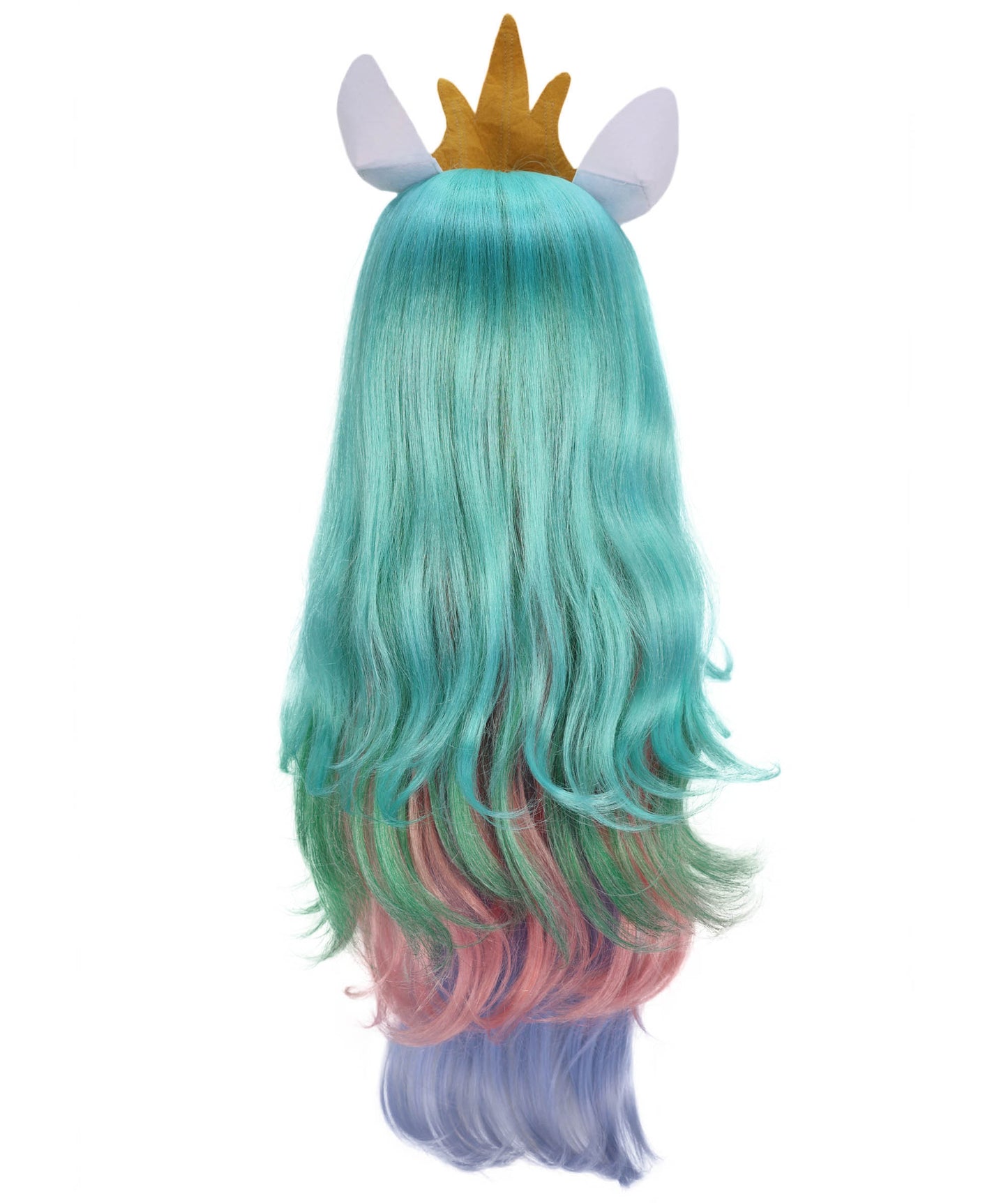 HPO Women’s Fantasy Unicorn-Inspired Long Pastel Rainbow Princess Wig with Horn and Crown | Halloween Wig | Flame-retardant Synthetic Fiber