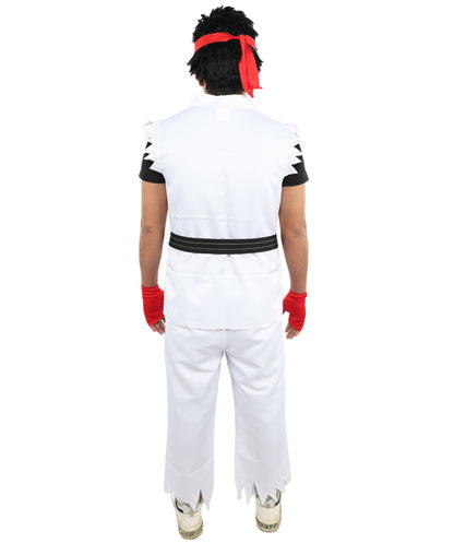 HPO Men's Martial Arts Fighter Outfit | White GI Costume with Body, Pant, Belt, Gloves, Headband | Video Game Fighter costume For Cosplay & Themed Battle Events