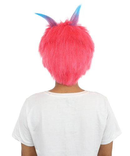 HPO Women Pink Movie Character Wig with Blue Horns | Bright Fantasy Synthtic Hairpiece | Ideal for Halloween, Cosplay, Stag Party