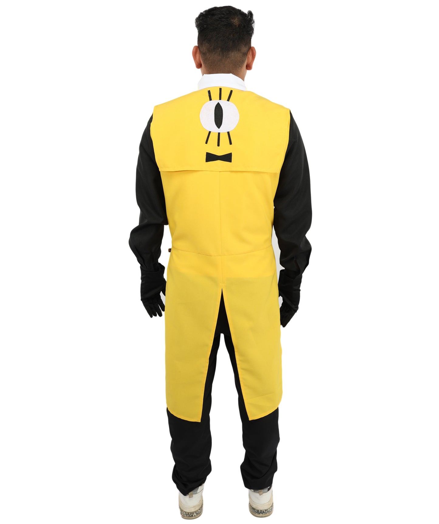 HPO Men's Yellow Black White Brick Demon Costume | Tailcoat Suit with Eye Symbol on Back and Bow Tie | Ideal for Halloween, Theater, Drag, and Mystery Events