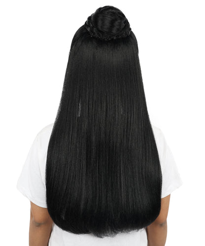 HPO Women’s 24” Long Black Wig | Elegant Half-Up Curly Bangs Wig for Historical, Mythical, or Theatrical Roles | Capless Cap Design