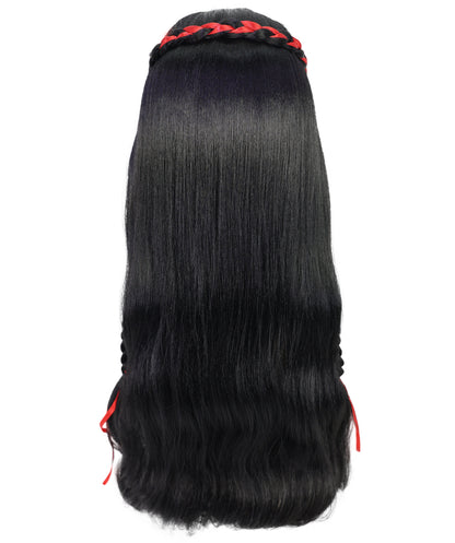 Women’s Long Black Wavy Wig with Red Braided Accents | Ideal for Halloween | Breathable Capless Cap