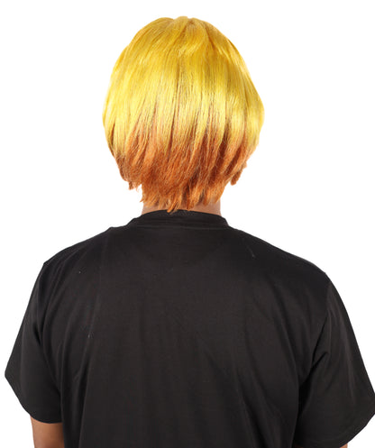 HPO Adult Men's Anime-Inspired Light Golden Yellow Blonde Highlight Spiky Cosplay Men Wig | Short Layered Hair Wig with Lightning Style for Halloween and Conventions