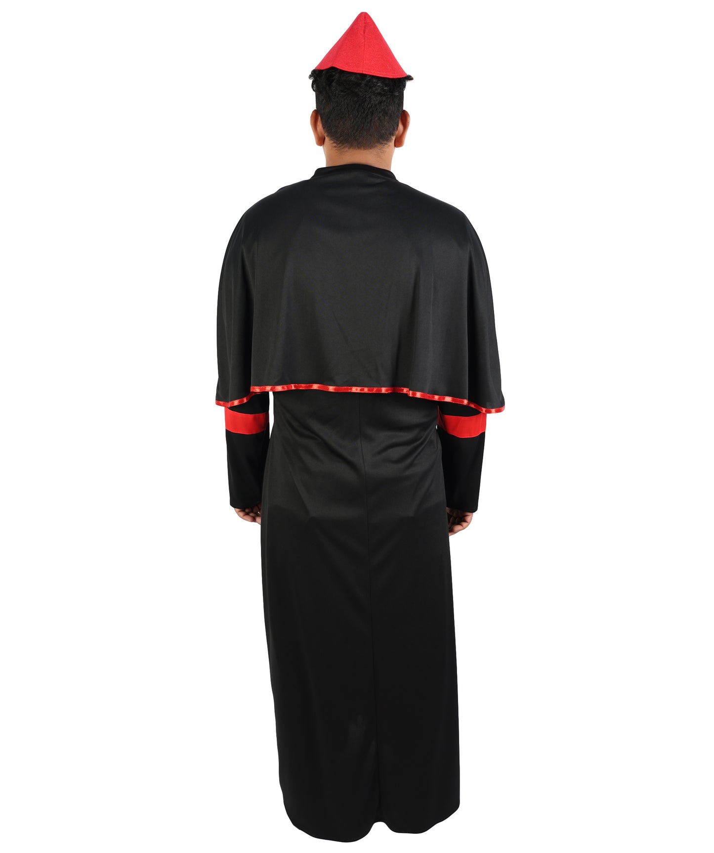 HPO  Men's Clergy Bishop Costume | Traditional Black Cassock Red Robe Sholder Cape Magenta Satin Waist Sash Matching Zucchetto Cap | Halloween Cosplay Theater Drag Performance Costume Events