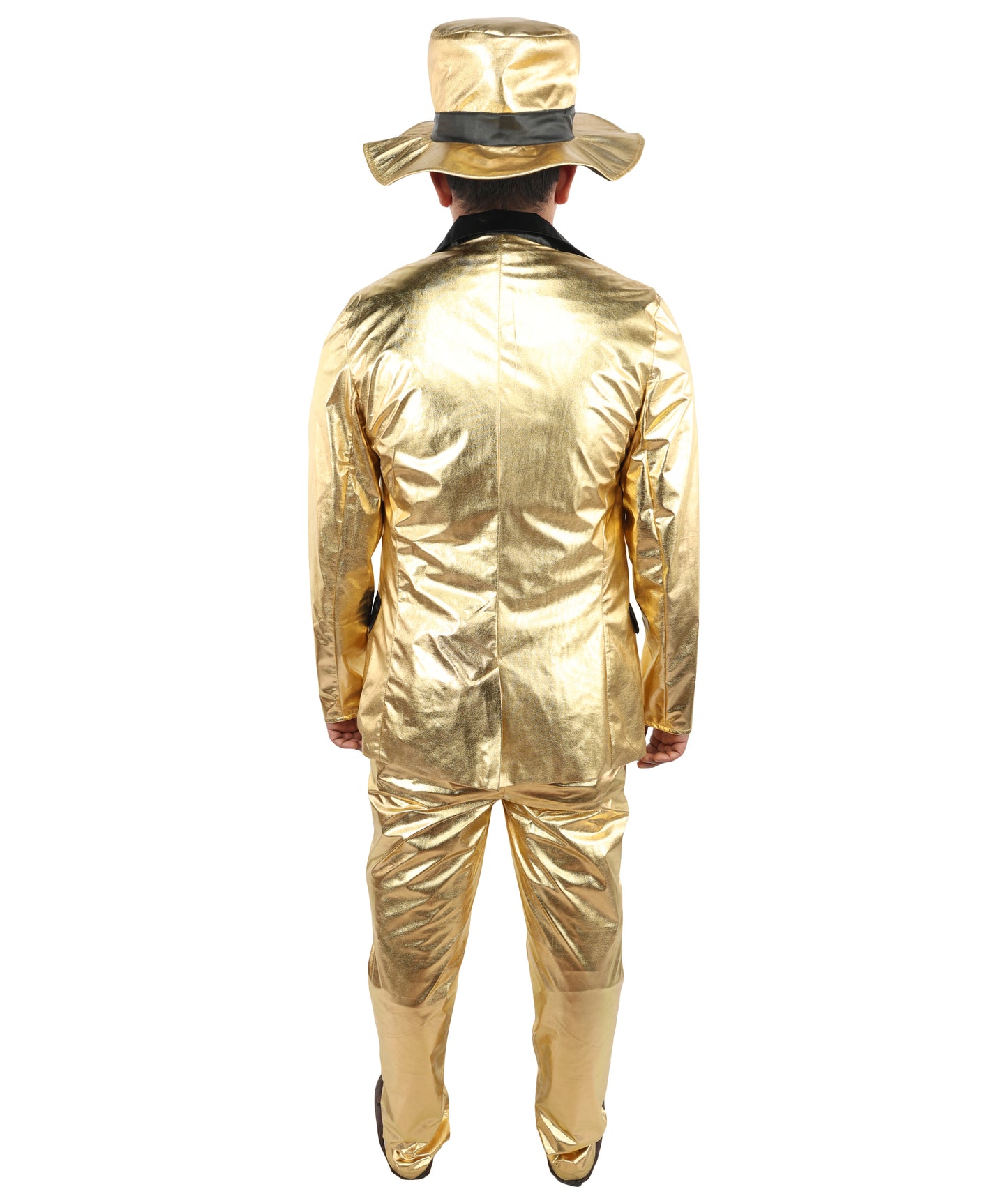 HPO Men's Metallic Gold & Black Pimp Suit | Shiny PVC and Satin Finish with Matching Hat T-Shirt and Belt | Ideal for Cosplay, Halloween, Drag, and 1970s Theme Performance Events