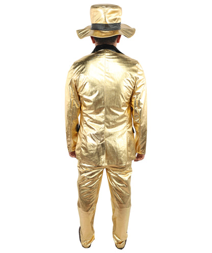 HPO Men's Metallic Gold & Black Pimp Suit | Shiny PVC and Satin Finish with Matching Hat T-Shirt and Belt | Ideal for Cosplay, Halloween, Drag, and 1970s Theme Performance Events