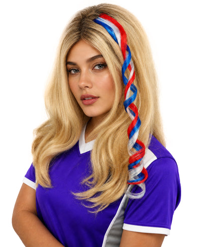 HPO Women's International Curly Hair Extension | Coiled red, white, and blue synthetic fibers featuring a twisted attachment design | Ideal for party, Halloween, cosplay, theater, drag, performance, costume events