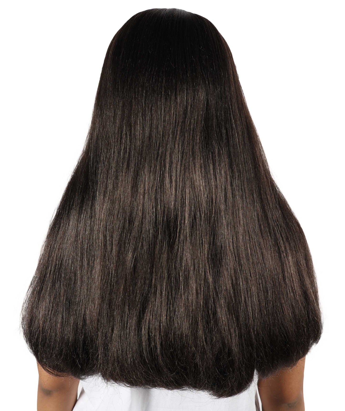 HPO Women’s Long Straight Black Wig with Bangs | Flame-retardant Synthetic Fiber | Classic Retro-Inspired Costume Hairpiece