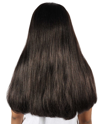 HPO Women’s Long Straight Black Wig with Bangs | Flame-retardant Synthetic Fiber | Classic Retro-Inspired Costume Hairpiece