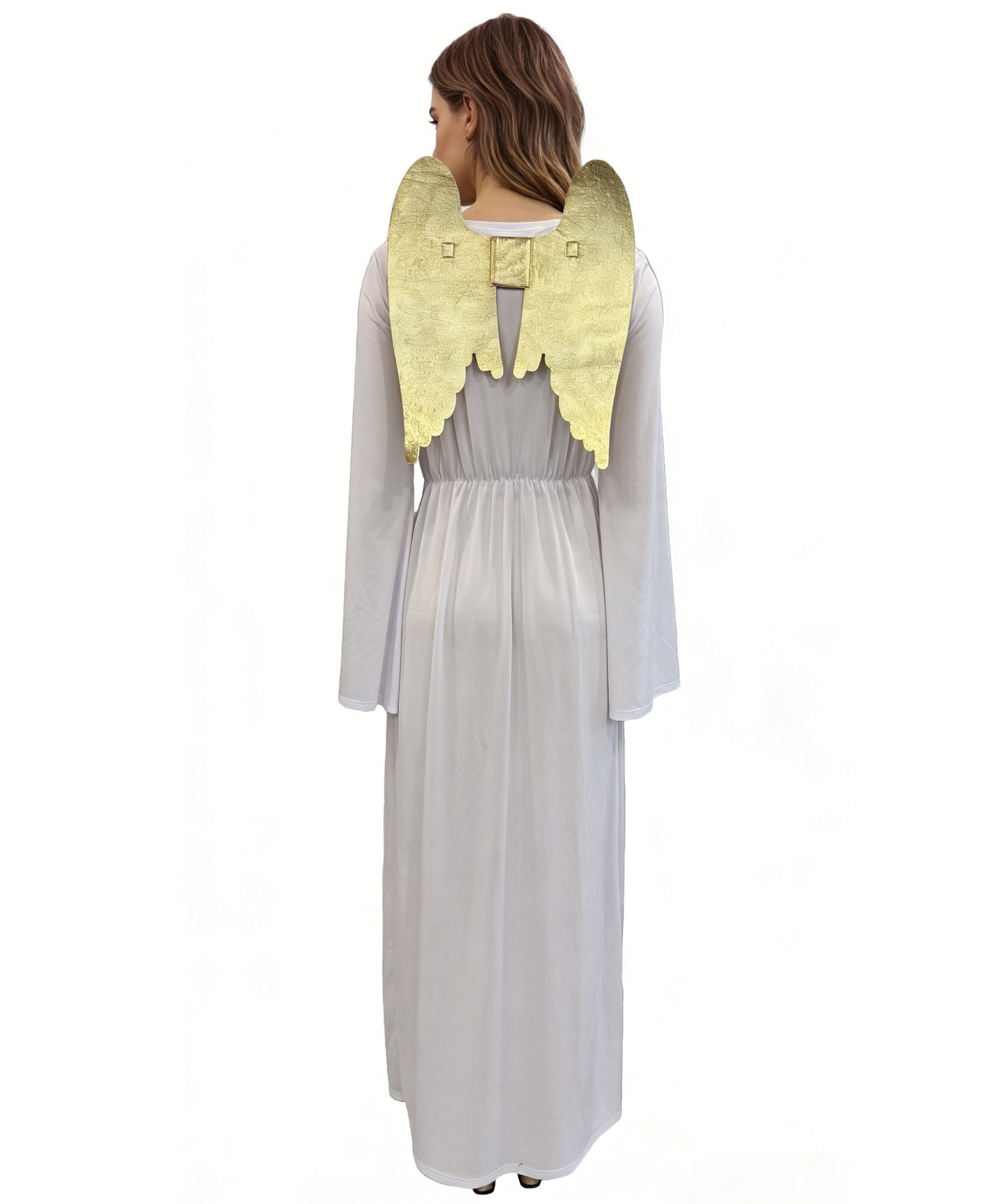 HPO Women's Angel Costume Set | Flowing white jersey construction featuring a long dress and golden wings | Ideal for party, Halloween, cosplay, theater, drag, performance, costume events