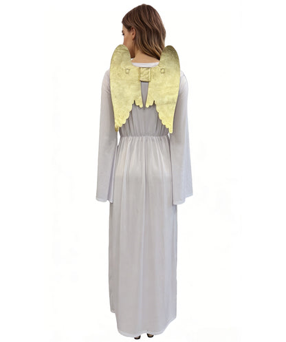 HPO Women's Angel Costume Set | Flowing white jersey construction featuring a long dress and golden wings | Ideal for party, Halloween, cosplay, theater, drag, performance, costume events
