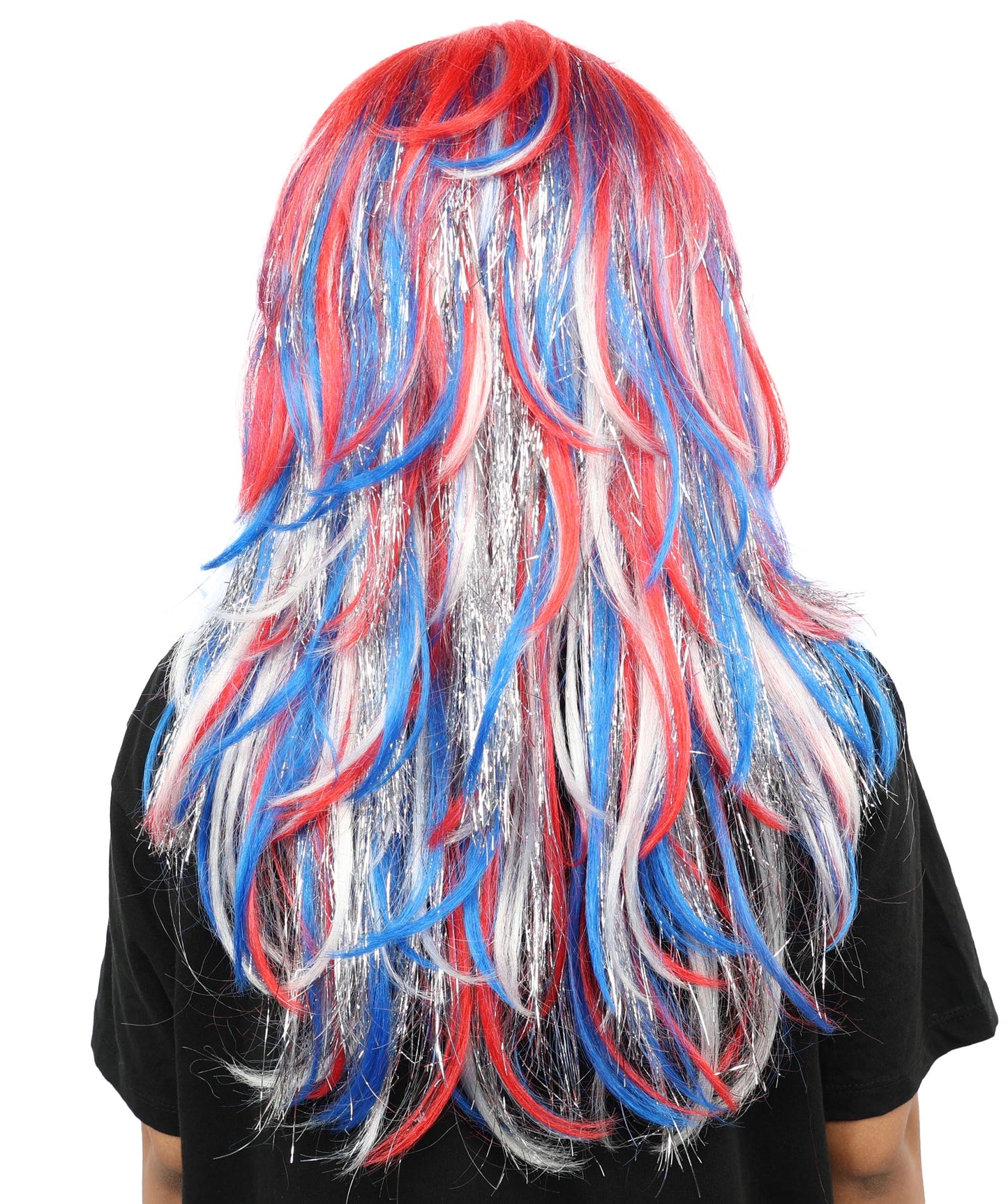 HPO Women's Patriotic Long Wig | Multi Color Hairpiece | Adjustable Inner Straps Cap for Parades, Holidays & Theme Events