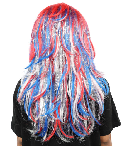 HPO Women's Patriotic Long Wig | Multi Color Hairpiece | Adjustable Inner Straps Cap for Parades, Holidays & Theme Events